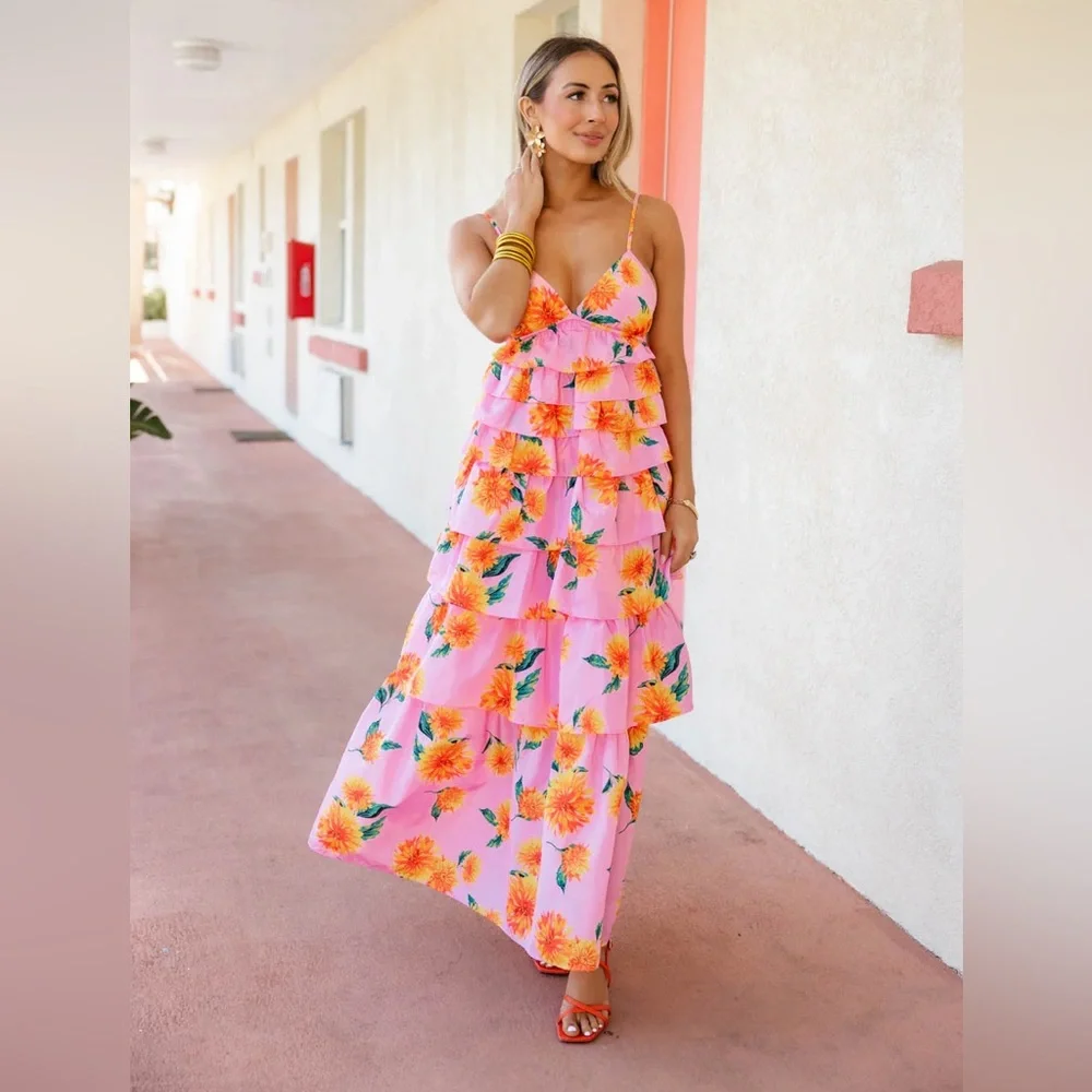 Viral Buddy Love Floral Sunflower Pink Ruffle Maxi Dress - Picture 3 of 9